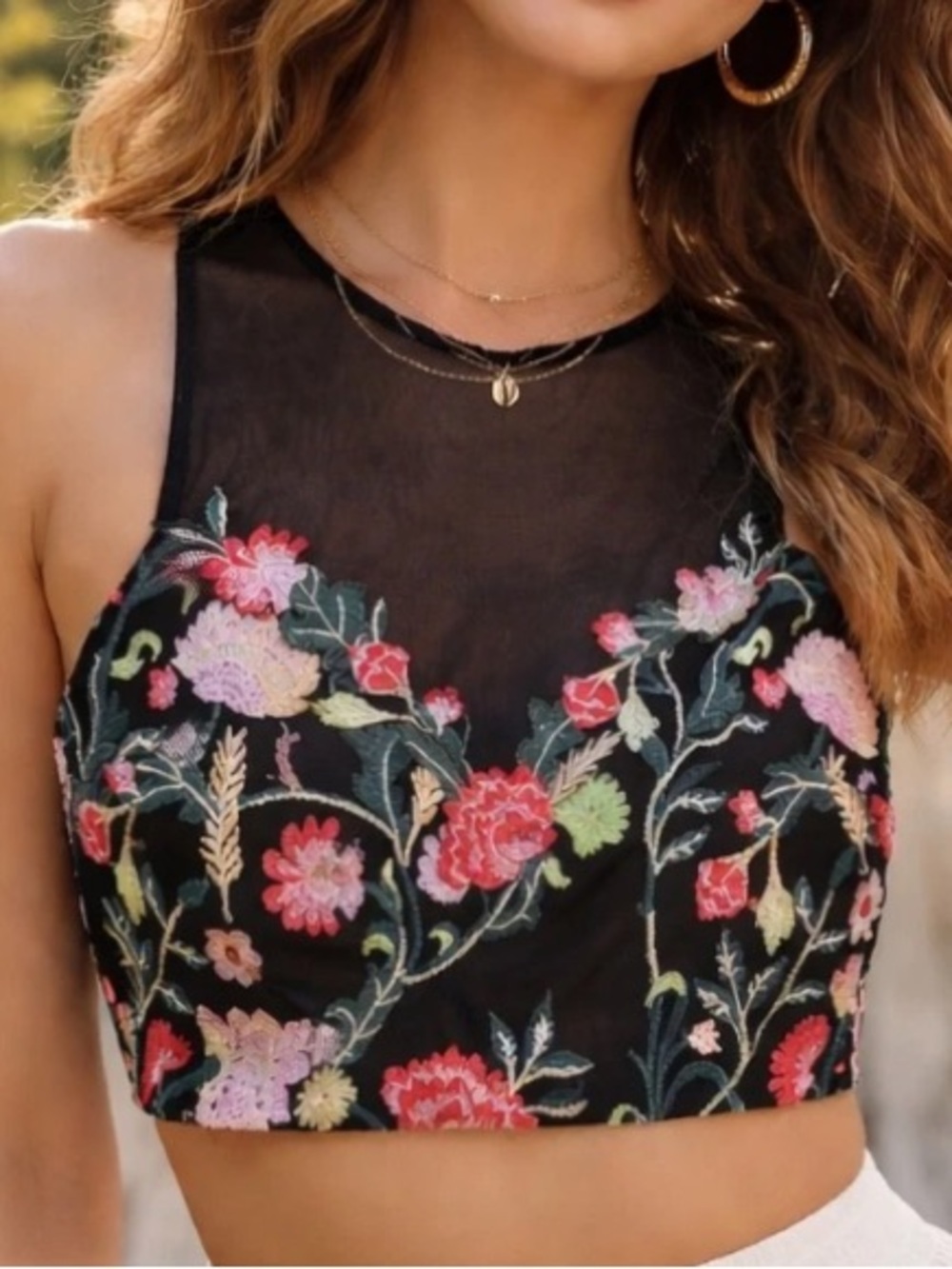 My Michelle Embroidered Floral Pink Green Red Crop Top w Sheer Black Mesh